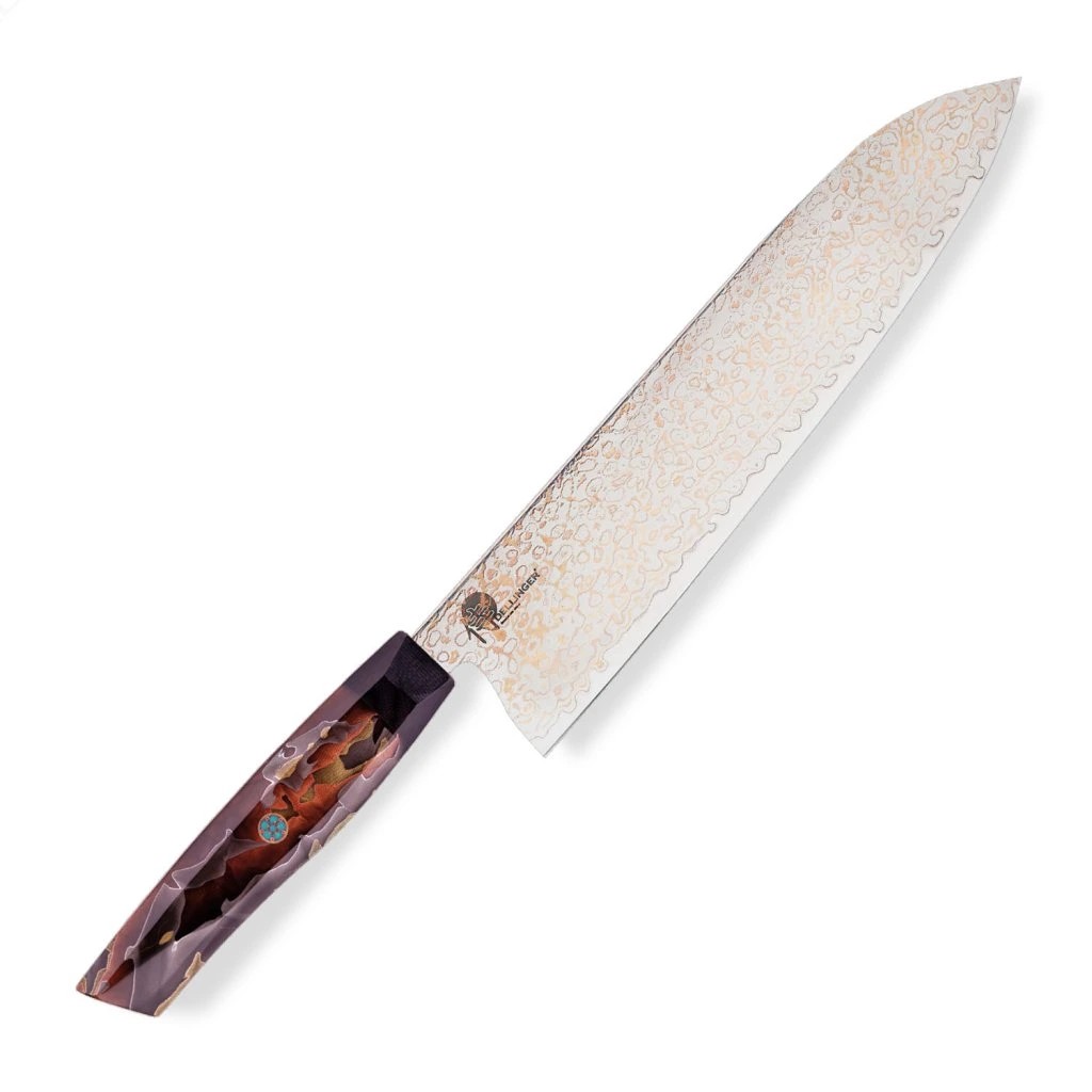 foto Kuchy�sk� n�� Chef/Gyuto 210 mm Dellinger� Resin Mash Gold Damascus